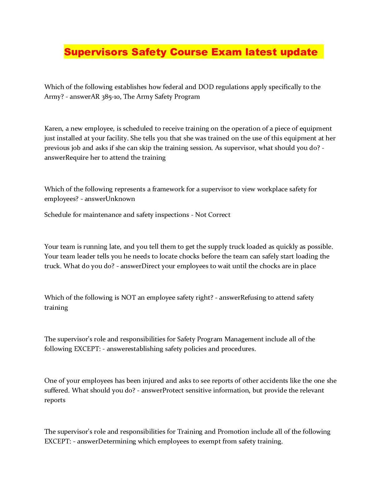 Preview image of Supervisors Safety Course Exam latest update document